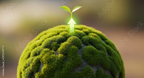 Conceptual image of a brain covered in moss with a sprouting plant