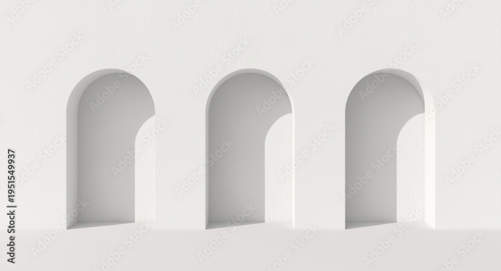 Fototapeta premium Minimalist structure displaying three arched openings with textured white wall and shadow depth alongside copy space