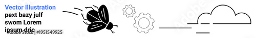 Nature and technology, innovation, mechanical processes, eco-friendly solutions, data automation, sustainable growth. A flying bug with gears and a cloud pattern. Nature and technology