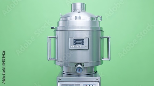 High-tech stainless steel bioreactor for pharmaceutical production or CBD extraction. Modern industrial distiller and sterilizer equipment on a clean green background.