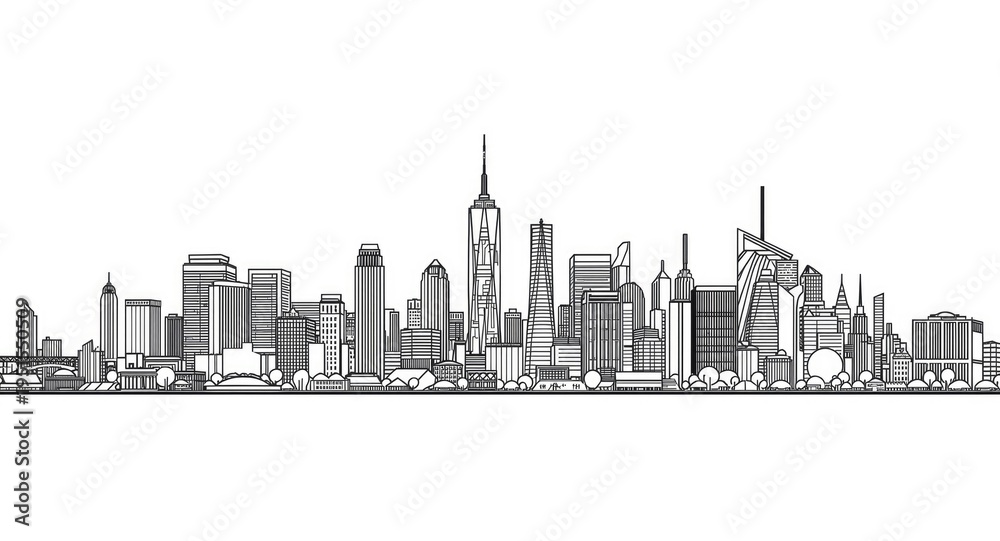 Fototapeta premium Fine line black and white city skyline drawing