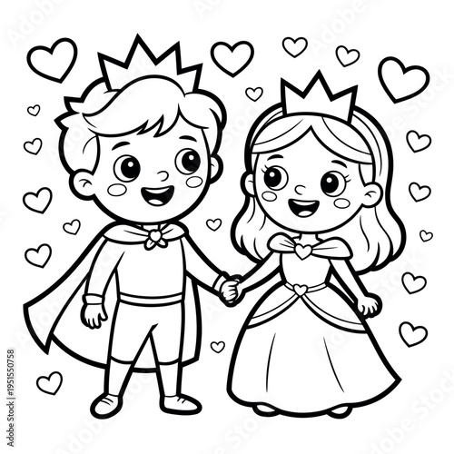 A cartoon illustration of a happy prince and princess holding hands