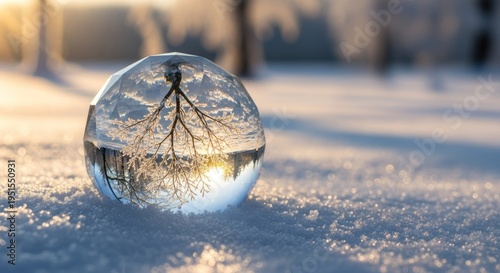 Crystal ball in winter landscape reflecting tree branches and snowy ground