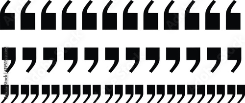 Quotation mark silhouettes collection featuring speech punctuation symbols, quote icons in various styles, typography elements set isolated on white background for graphic design use