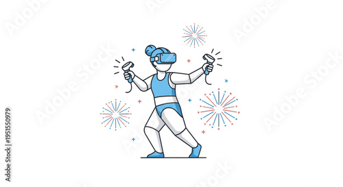 Woman wearing VR headset and holding controllers, experiencing virtual reality with sparks and fireworks