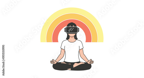 Person wearing VR headset meditating in lotus position with colorful abstract light rays emanating from head