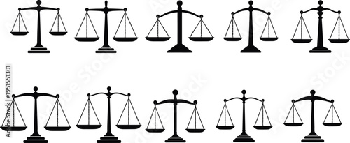Collection of justice scales icons representing law balance equality legal system concept isolated black silhouettes set for design use projects