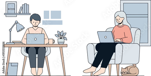 Two people working remotely from home a modern illustration of modern life