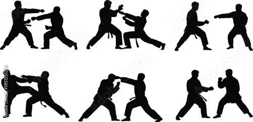 Martial arts fighting silhouettes set, karate combat poses collection, self defense training action figures, minimalist vector illustration isolated on background