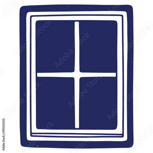 Illustration of a framed window with a minimalist design and a dark blue background symbolizing home and simplicity