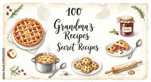 Illustration of a vintage cookbook cover featuring various desserts and baking utensils on a white background with a rustic design.