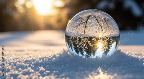 Crystal ball reflects winter landscape with snow and trees in sunlight