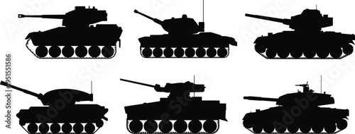 Set of military tank silhouettes armored vehicles army combat machines isolated black war equipment collection defense design vector illustration bundle