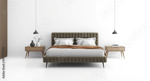 Modern interior design with a velvet bed and wooden headboard displayed in a crisp white 3D render