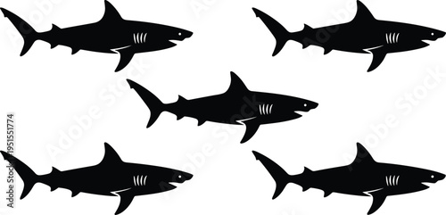 Set of shark silhouettes ocean predator fish isolated black marine wildlife collection underwater danger symbol design vector illustration bundle