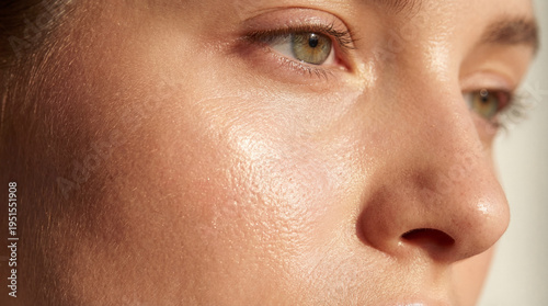 Close up of a human face with textured skin and eyes illuminated by soft light