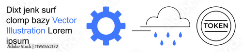 Technology, blockchain, weather analytics, cloud systems, digital processes, automation. Gear shape, cloud with raindrops and circular token symbol. Technology and blockchain visual concepts