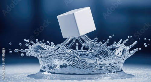 Cube impacts water creating crown splash macro photography concept