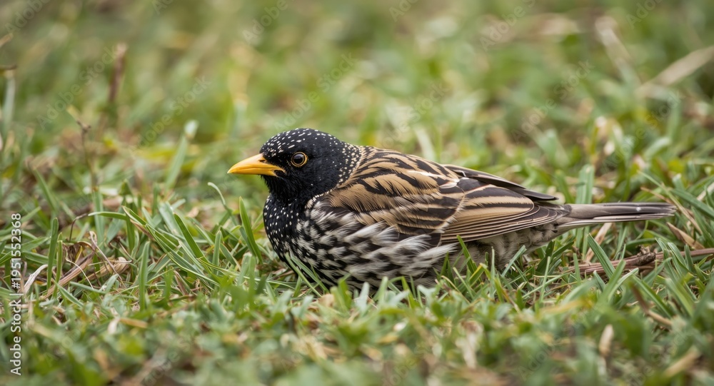 Fototapeta premium Common starling resting in grass under seasonal environmental change