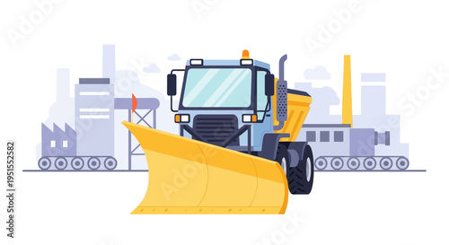 Flat Design Snow Plow Truck Illustration for Winter Road Clearing and Industrial Maintenance
