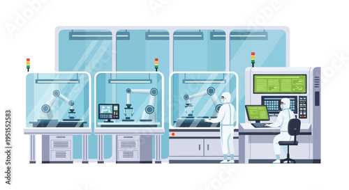 Precision Manufacturing: Automated Cleanroom Lab with Engineers and Robotic Arms