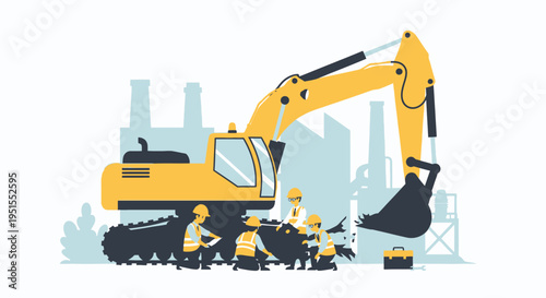 Construction Team Performing Maintenance and Repair on Heavy Excavator at Industrial Site