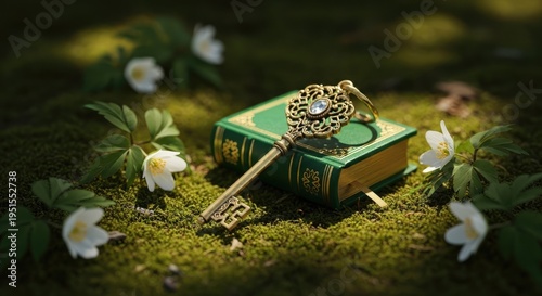 Decorative key rests atop a small book amidst flowers and greenery