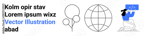 Global communication, programming education, creative projects, technology innovation, vector design, concept art. Outlines of balloons, a globe and a coder illustration. Global communication