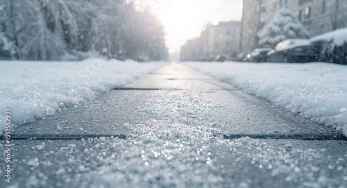 Frozen sidewalk treated with salt grains for safe winter walking