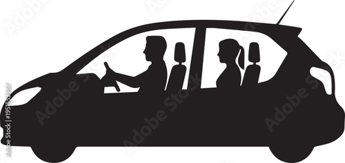 Black silhouette of a family in a car isolated on white background