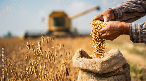 Farmer's hands pour golden soybean seeds into a burlap sack, symbolizing harvest, agricultural bounty, sustenance and natural abundance