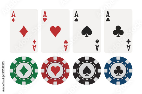 Casino Poker Cards and Chips with Aces of All Four Suits