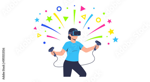 Woman enjoying an immersive virtual reality experience with a VR headset and controllers, surrounded by vibrant abstract shapes, symbolizing future tech and gaming.