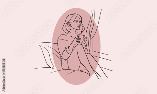 Minimalist line art of a woman in bed holding a cup, looking pensive by a window, cozy aesthetic illustration with a soft pink oval. Vector illustration