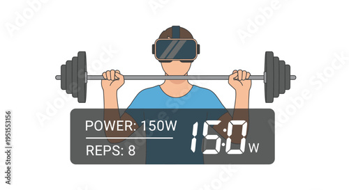 Person in VR headset performing virtual reality weightlifting, with a digital display showing workout power and repetitions. Innovative fitness technology concept.