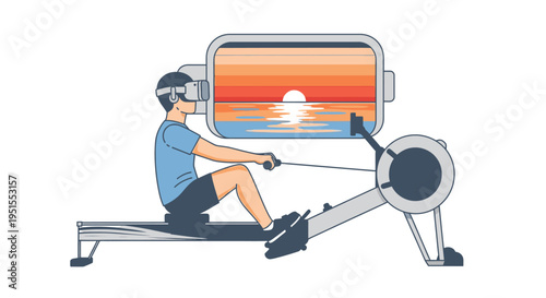 Person using a rowing machine with a VR headset, immersed in a virtual sunset ocean scene. Modern digital fitness and immersive exercise technology.