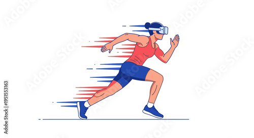 Dynamic illustration of a woman sprinting in a virtual reality headset, showcasing speed, future technology, and immersive digital experiences.