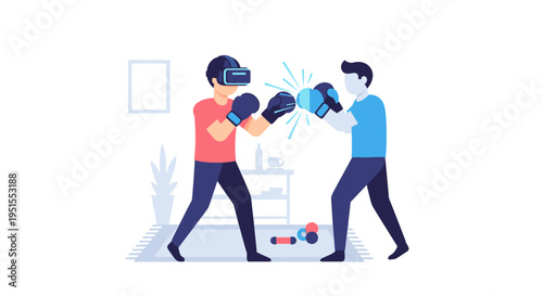 Man in VR headset boxing, engaging in virtual reality sport with an opponent, showcasing immersive digital gaming and future fitness.