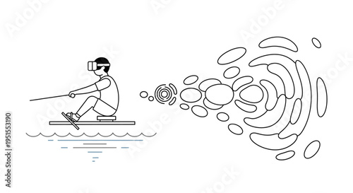 Futuristic waterskiing experience with virtual reality. A person wearing a VR headset while waterskiing, illustrating the blend of sport and advanced technology.