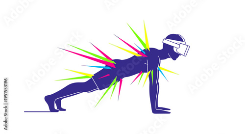Energetic person in VR headset doing plank exercise, experiencing vibrant virtual reality fitness and immersive digital workout technology.