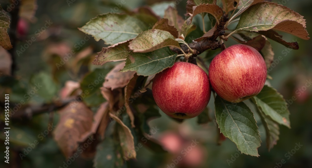 Obraz premium Late fall red apples hanging from seasoned tree branches