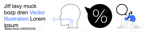 Data analysis, communication, examination, research, airflow, economy. Diagram of airflow through a head and graphics of percentage and magnifying glass. Data analysis and communication illustration