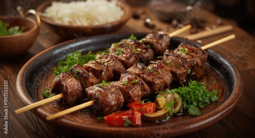 Grilled lamb lula kebab classic Asian meat dish served on wooden table for authentic dining