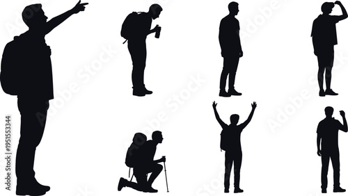 Black Silhouette Set of Male Hikers and Backpackers Including Man Pointing Kneeling with Trekking Pole and Raising Hands Isolated on White Background for Adventure