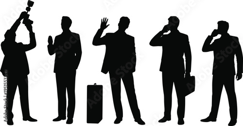 Black Silhouette Set of Businessmen in Suits Including Photographer Traveler with Suitcase and Professionals Talking on Mobile Phone Isolated on White Background