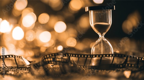 An hourglass rests amidst a film strip, with a warm glow of bokeh lights in the background