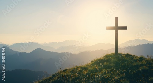 Easter resurrection theme with mountain cross signifying Christian spiritual devotion