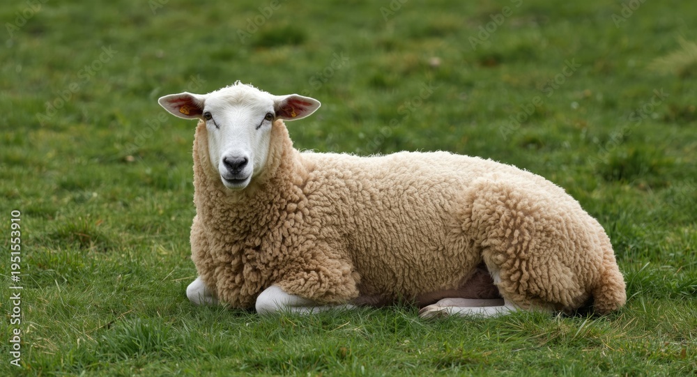 Fototapeta premium relaxed purebred sheep lying in soft farm grass