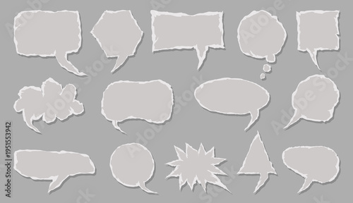 Collection of realistic torn paper speech bubbles and chat clouds. White ripped paper textures on gray background. Perfect for creative social media, banners, and collage art. Torn Paper Speech Bubble
