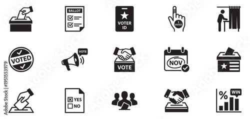 Voting and election icons set, ballot box, hand placing vote, decision check and democratic process symbols. Vector Illustration.